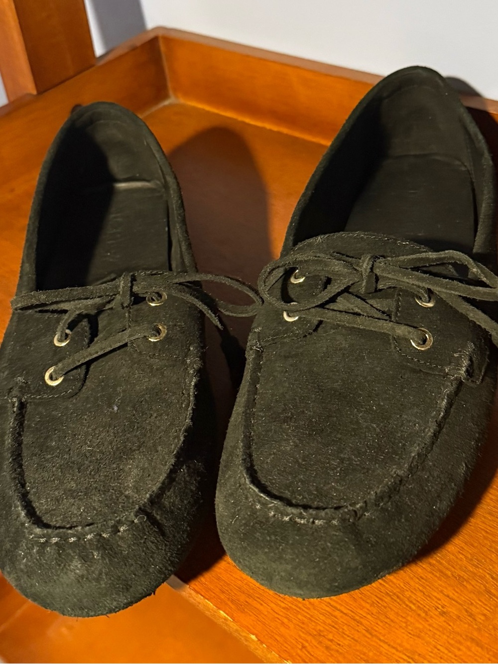 J. Crew Black Suede Moccasins with Lace Detail NWOT